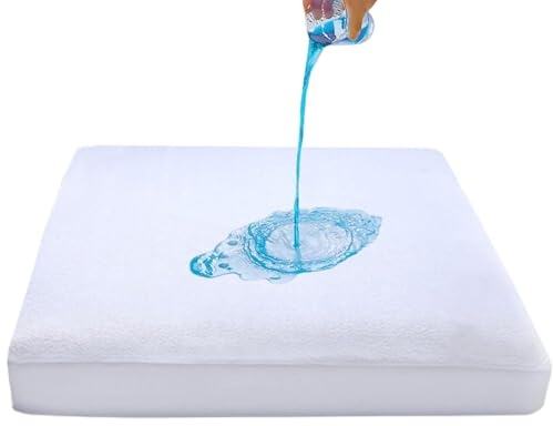 Terry Cotton 38cm Depth Fitted Terry Towel Mattress Protector Topper Cover Bed Sheets Waterproof Mattress Protectors Breathable Mattress (White, Double)