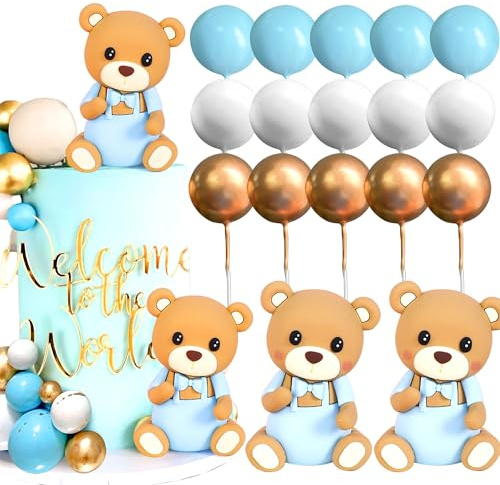 LaVenty Luxury Blue Baby Shower Teddy Bear Cake Topper and Decoration for Gender Reveal Party Supplies