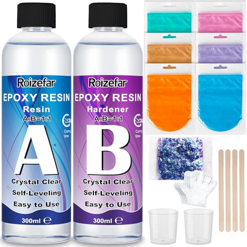 Roizefar Resina Epossidica Trasparente Kit 600ml, Rapporto 1:1 Starter Kit per Principianti Comprendente Resina e Di indurente, Pigmenti, Glitter, Resina per Creazioni, Gioielli Fai da Te, Legno