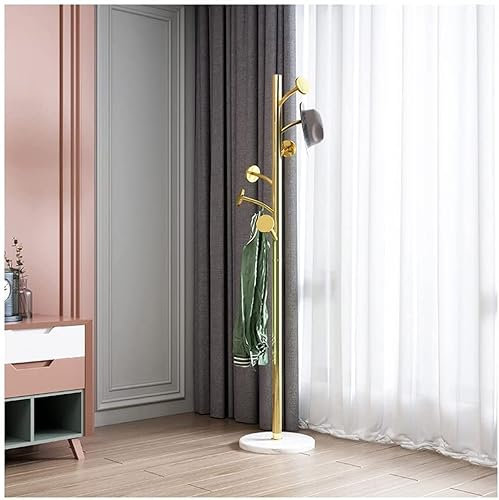 TOTIKI Garderobenständer Garderobenständer aus Metall mit Marmorsockel, Standgarderobe aus Edelstahl mit 6 Haken für Aufhängen von Schaltaschen Freistehender Kleiderständer(Gold White)