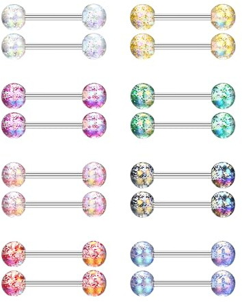 CASSIECA 16Pcs 14G Tongue Bars Surgical Steel Tongue Bar Piercing Hypoallergenic Metal Tongue Bar 14mm Nipple Bars Nipple Piercing Jewellery Barbell Piercing Jewellery for Women Men