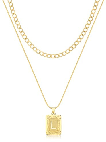 JEMUALE Collares con inicial para mujer, chapado en oro de 14 quilates, collar con letra cuadrada, gargantilla de oro en capas, joyería de moda, L