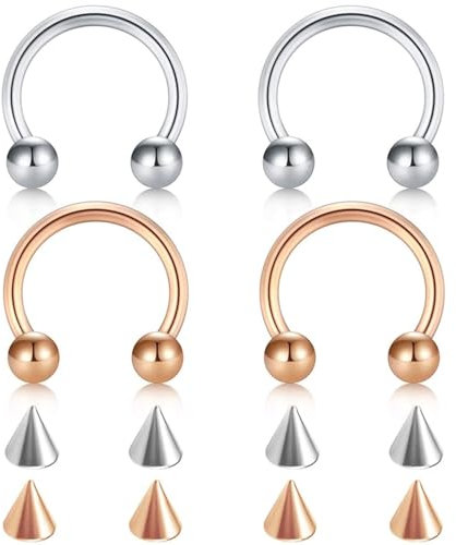 Tolldek 4Pcs Nase Piercing Set, Edelstahl 1.2mm U Hufeisen Barbell Kegel Ersatz Nasenstecker, Nostril Piercing Ring Dünn, Piercing Körperschmuck für Damen