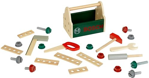 Theo Klein 8161 Bosch Werkzeug-Box aus Holz I Stabile Box mit praktischem Tragegriff I Inkl. Werkzeug im Bosch-Design I Spielzeug für Kinder ab 3 Jahren