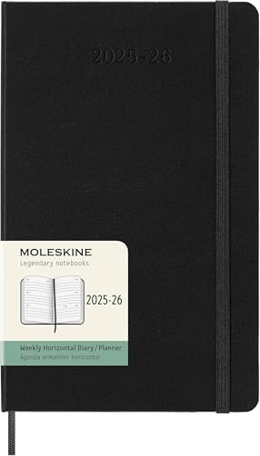 Moleskine Wochenkalender 2025-2026, 18-Monats-Horizontal-Wochenplaner, Harte Einband und Gummiband, Großformatformat 13 x 21 cm, Schwarz