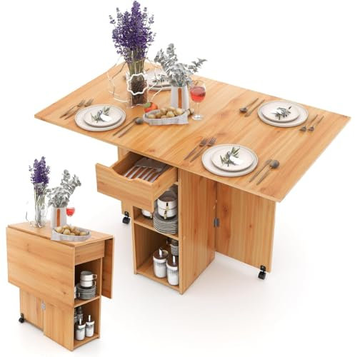 Shally Dogan Tavolo da Pranzo Pieghevole Salvaspazio con Ruote, Scrivania Richiudibile con 2 Ripiani e 1 Cassetto, Design Moderno Multiuso Ideale per Casa, Ufficio, 120 x 77 x 75 cm (Legno)