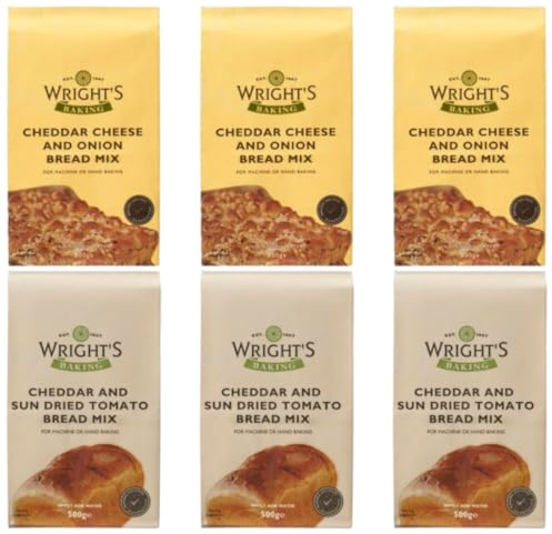 Wright's Baking Bread Mix Selection Cheddar & Sundried Tomato 3X500g & Cheddar & Onion 3X500g – For Homemade Breads, Pizza Bases, Rolls & Loaves, Vegetarian, Bread Machine & Hand-Baking (NP)