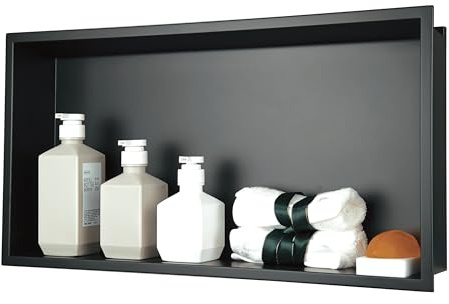 IKITRAEE Edelstahl Wandmontierte Duschbrause, Wandnische mit Unterputz Einbau & wasserdichte Duschablage – Schwarz 60x30x10 cm, Ohne Fliesenbedarf