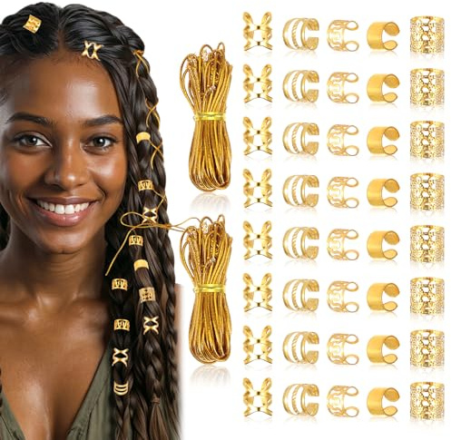 Ouligay 42Pcs Gold Hair Cuffs Charms Rings for Braids, Gold Hair Jewellery for Braids, Adjustable Dreadlock Accessories Braid Clips Jewelry for Men Women Festival