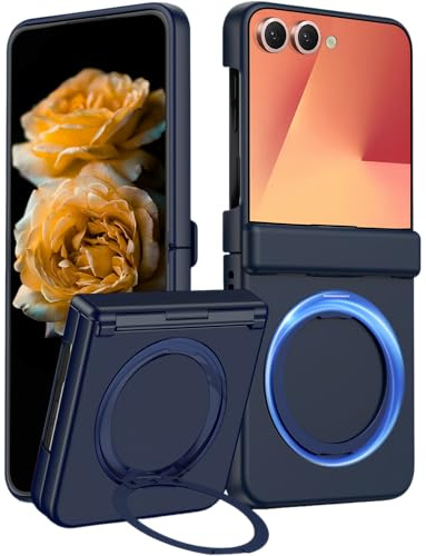 Compatible with Samsung Galaxy Z Flip 7 Fodral med Ringställ, Gångjärnsskydd, Skärmskydd, Trådlös Laddning Stöttåligt Robust Skal - Blå
