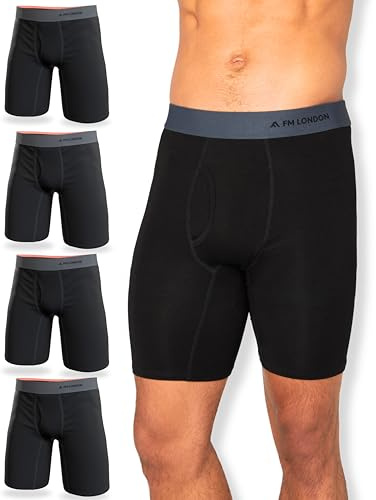 FM London Boxer en Bambou pour Homme, Boxer Long pour Homme en Bambou Ultra Doux, Antifrottements et Évacuant la Transpiration, avec Ouverture, Lot de 4, Noir, S