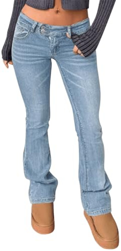 Yegirlzs Jeans Femme Flared Bootcut Jean Y2K Taille Basse Jeans Casual Stretch Vintage Décontracté Elastique Jean B Bleu Clair L