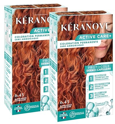 KERANOVE - Coloration Permanente Dermo-Capillaire Sans Ammoniaque - Odeur douce - Kératine végétale et Prébiotiques - 6.43 Blond Foncé Cuivré Doré - x2
