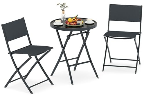 COSTWAY Conjunto Mesa y Sillas Jardin de 3 Piezas, Muebles de Comedor Plegables, Asiento de Tejido Transpirable y Mesa Redonda Tablero de Vidrio Templado, Mesa y Sillas Jardin Terraza Exterior