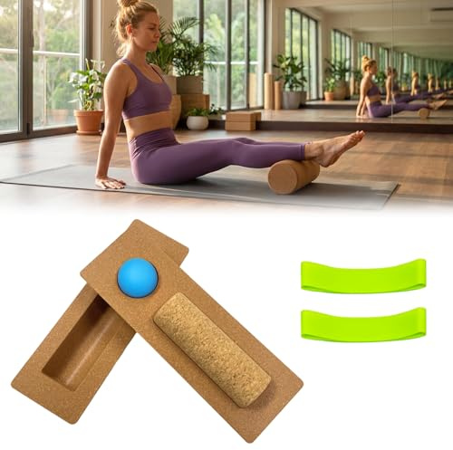 Set 4 in 1 Balance Board in sughero, rinforzante per piedi e caviglia con rullo, palla massaggiante e fasce per dita dei piedi, tavola oscillante compatta per la prevenzione delle cadute per