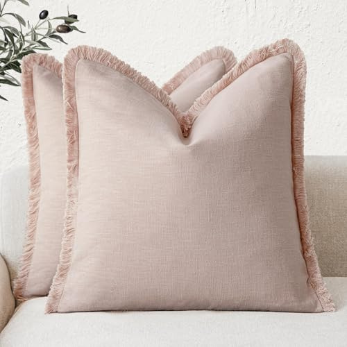 2er Set Leinen Kissenbezug mit Fransen,Boho-Kissenbezug mit Quaste 60x60 cm,Neutralen Baumwolle Quasten Kissenbezüge,Dekorative Kissenbezüge,für Sofa Sessel Zuhause Schlafzimmer