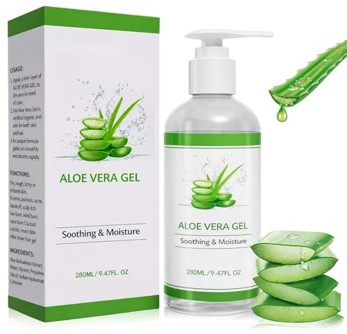 Aloe Vera Gel 280ml - Aloe Vera Gel 100 prozent Bio für Gesicht, Natürliche, Beruhigende und Pflegende Feuchtigkeitscreme After Sun, für Gesicht, Haare und Körper
