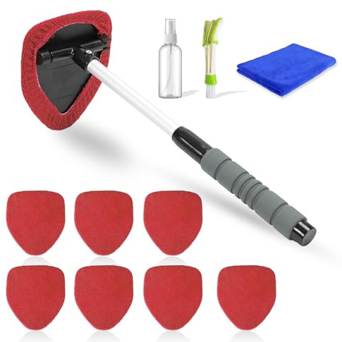 FOSER Limpiador de parabrisas para coche, con 7 almohadillas de microfibra y 1 paño para la cabina, juego de limpiaparabrisas de coche, azul, limpiador interior de parabrisas con mango extensible