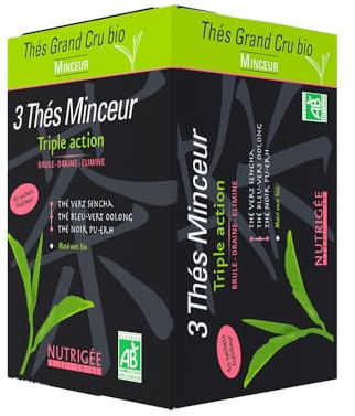 3 THÉS MINCEUR BIO • Brûle • Draine • Elimine • Thé Vert SENCHA • Thé Bleu-Vert OOLONG • Thé Noir PU ERH • MATÉ • 60 Sachets • Fabriqué en France • Nutrigée