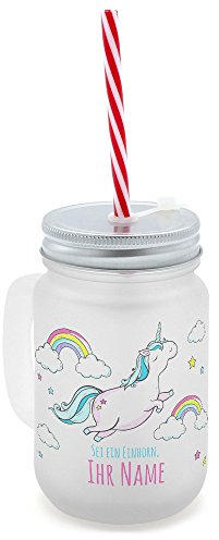 printplanet® - Trinkglas mit Henkel und Strohhalm - personalisiert mit Namen - Motiv Dickes fliegendes Einhorn - Henkel-Glas satiniert mit Deckel und Mehrweg-Trinkhalm