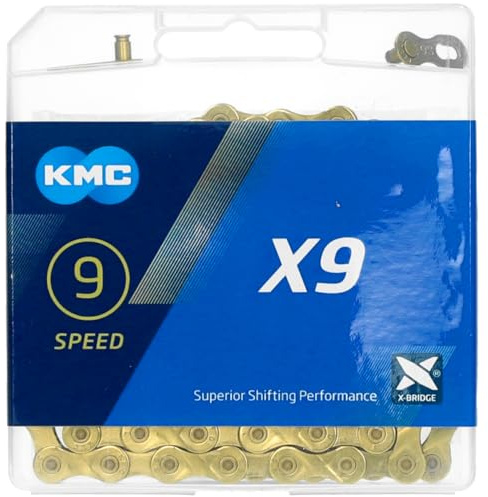 Fahrrad Kette, KMC Fahrradkette, X9 Ti-N Gold, 1/2 x 11/128, 114 Glieder, 9-fach, kompatibel mit Shimano / Sram / Campagnolo, gold