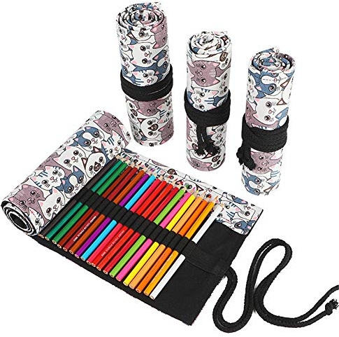 VIONNPPT Leinwand Roll-Up Bleistift Fall Große Kapazität Stift Beutel Halter Farbe Bleistifte Wrap Schreibwaren Fall Veranstalter für Student künstler Reisenden Geschenke (Katze, 72 Holes)