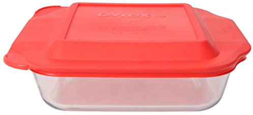 Pyrex (1) 222 Pirofila quadrata di vetro & (1) 222-PC coperchio rosso Made in USA