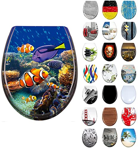 LARS360 Abattant WC, Abattant de Toilette, Siège de WC, Ovale Forme Siège de Toilette avec Fermeture en Douceur et Automatique (la Vie Marine)