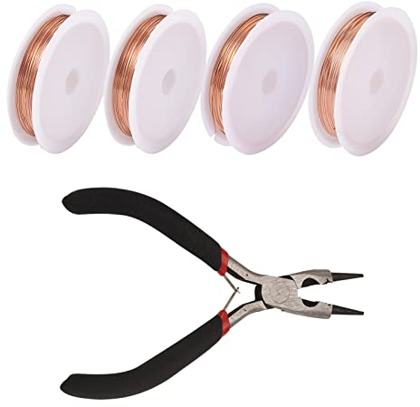 PandaHall Kupferdraht, anlaufgeschützt, 0,4 mm, 0,5 mm, 0,8 mm, Roségold, Schmuckdraht, Rolle mit 1 Stück mit Schmuckzange aus Karbonstahl, für Schmuckherstellung und Handwerk, 4 Rollen