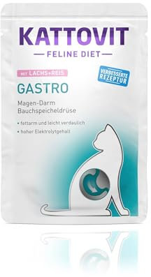 KATTOVIT - Gastro Nassfutter für Katzen | Zur Unterstützung des Magen-Darm-Systems | Diät-Alleinfuttermittel im Frischebeutel für ausgewachsene Katzen | 24 x 85 g Lachs mit Reis