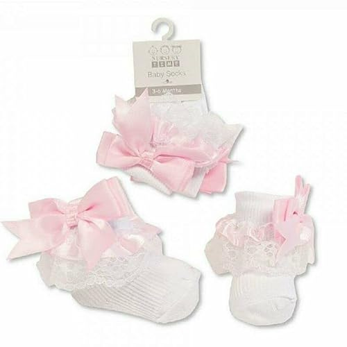 Mini Mart Baby Spanish Link Lace Socks Traditional with Ribbon Bow, Pink, 3-6 Months