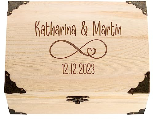 4youDesign Holzkiste, Schatztruhe zur Hochzeit mit Gravur – Motiv Infinity 2 Namen & Datum – Hochzeitsgeschenk für Brautpaar – Perfekt als Verpackung oder Geldgeschenk – L18xB13xH10cm