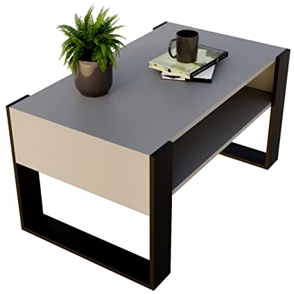 Couchtisch KARO 92 rechteckiger Kaffeetisch aus Holz Modern Teetisch 92 x 53,6 x 45cm massiv und stabil (Grau/Schwarz)