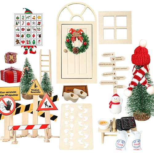 Qanmua 51 Stück Wichteltür Set, Weihnachten Elfentür, Wichtel Zubehör Im Dunkeln Leuchten, Backset, Baustelle, Adventskalender, Miniatur Wichtel Zubehör, Weihnachtsdekoration, DIY Geschenk für Kinder