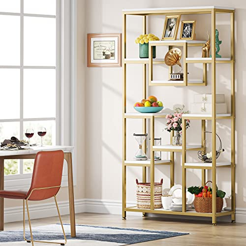 Tribesigns 71 Gold Etagere Bookshelf, Modern 11-Tier Tall Open Display Bookcase Bookshelves, Free Standing Book Shelf for Living Room, Bedroom, Home Office, Gold & White