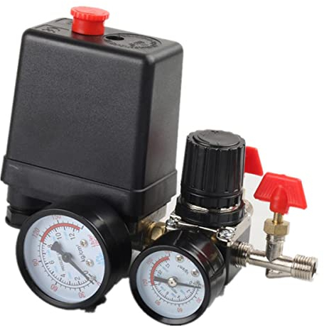 ORAZIO Air Compressor Pressure Control Switch 1/4 220V 4 Port Manifold Safety Valve Control Regulator with Double Pressure Gauges Pneumatic Tool Accessory 214125