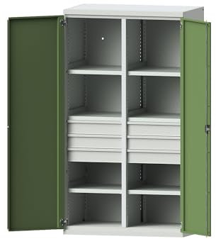 eurokraft | Schwerlastschrank aus Stahl | 6 Fachböden | 6 Schubladen 120 mm hoch | lichtgrau/resedagrün