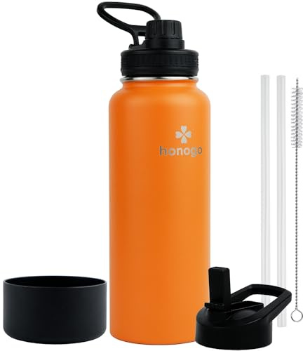 honogo 40 oz Double Wall Insulated Metal Water Bottle for Men, Women & Kids, 18/8 Stainless Steel Wide Mouth Thermal Flask with Straw Lid & Spout Lid, Leak Proof, Keep Hot and Cold (Orange, 40 oz)