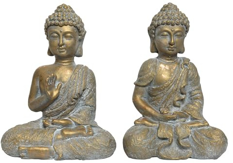 Decoris Buddha Figur sitzend 31cm x 1 Stück Sortiert - Keramik Buddha Statue für Garten wetterfest - Große Buddhafigur als japanische Zen Deko Gartenfigur - Gartendeko & Dekofiguren - Gold