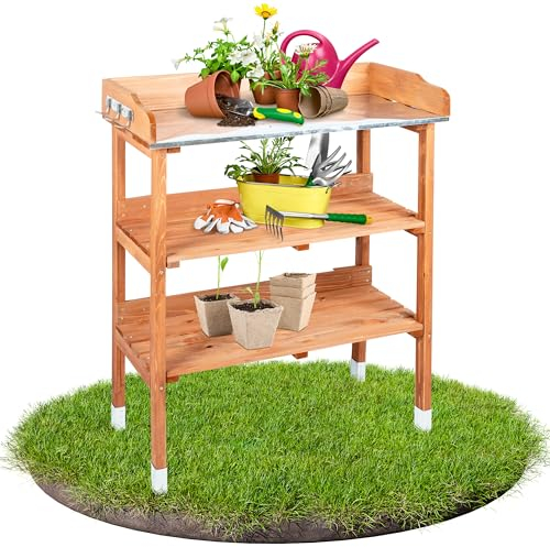 TTL Garden Pflanztisch Planter Deluxe mit 3 Schubladen + verzinkter Arbeitsplatte - Outdoor Gärtnertisch wetterfest mit Abstellboden & 6 Haken Tannenholz braun - Garten Balkon Terrasse Gewächshaus