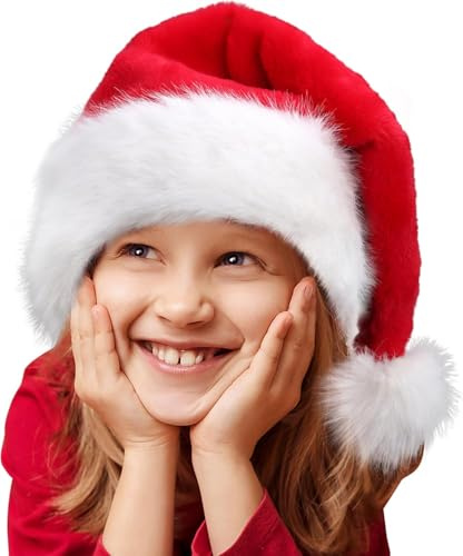 HOIIOH Weihnachtsmütze, Nikolausmütze für Kinder, Klassischer Rot Santa Mütze, Warm Dicker Bequemes Weihnachtsmützen aus Kunstleder Plüsch, Weihnachtsmann Mütze für Weihnachtsfeier, Weihnachtszubehör