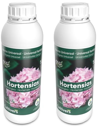 CULTIVERS Fertilizante Hortensias Ecológico de 2x1L. Abono Líquido Mayor Floración y Intensifica el Color. Plantas sanas y Fuertes. Abono 100% Natural