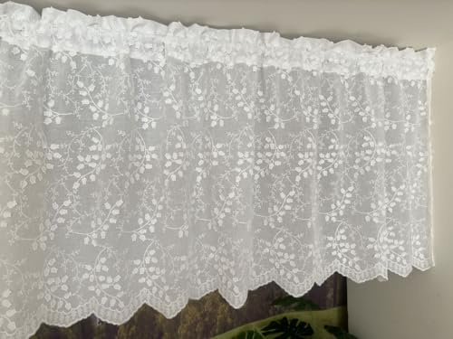 Vordesack Baumwolle Scheibengardine mit 3D Stickerei Blumen HxB 30x140cm | Landhausstil Kurzgardine mit Wellensaum halbtransparente Bistrogardine mit Stangendurchzug für Küche, Café 1 Stück Weiß