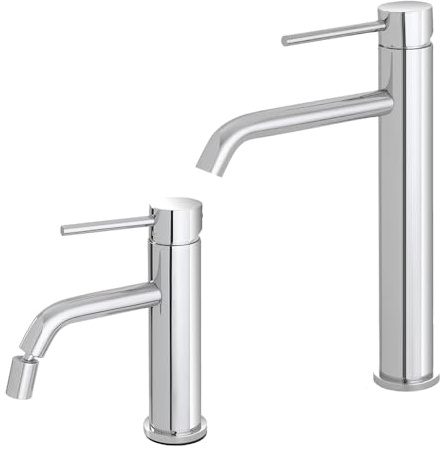 Coppia rubinetto lavabo alto e bidet in acciaio inox cromato con scarico universale click clack, flessibili e kit di fissaggio, NUEGO