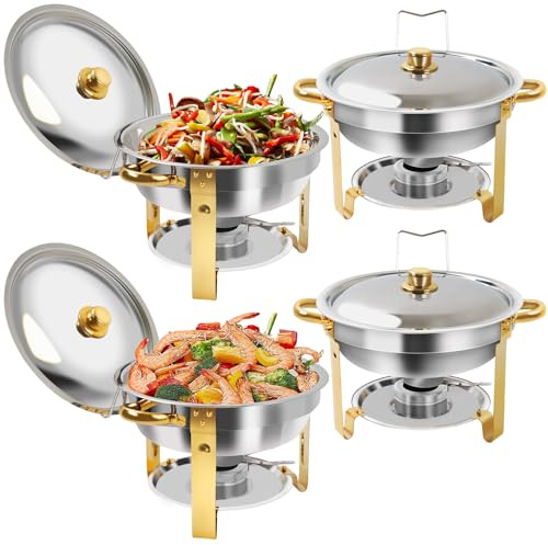 4.8 QT 4PC Scaldavivande per buffet con coperchio, scaldavivande rotondo per buffet, forniture per catering display buffet, vassoi da portata per riunioni, server per alimenti in acciaio inox per