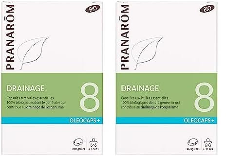 PRANARÔM - Oléocaps 8 - Drainage - Aux Huiles Essentielles Ciblées - Menthe Poivrée, Citron, Gingembre, Cardamome, Mandarine & Genévrier - 100% Naturelle Et Bio - HECT - 30 Capsules Prédosées