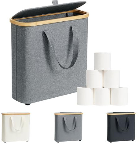 AISENNO 30L Toilettenpapier Aufbewahrungskorb, Klopapier Aufbewahrung Box aus Bambus, Faltbarer Badezimmer Organizer für 12-16 WC Rollen, mit Griffen, für Bad und Haushalt Grau