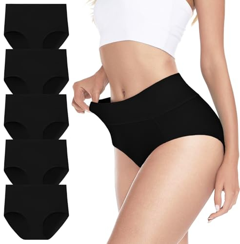 Cozyroam Cotton Underwear Women, High Waisted Slight Tummy Control Knickers, Soft Breathable Full Coverage Stretchy Womens Briefs Ladies Knickers Multipack 5 Pack Black