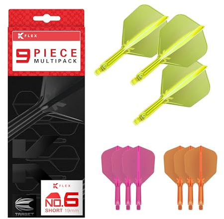 Target Darts K-Flex Varillas y Flechas Integradas, Tallo Corto (19mm), No.6 Flight, 9-Pack Bundle, Rosa Neón, Naranja y Amarillo | Kflex 2 en 1, Vuelo y Tallo, Accesorios Profesionales de Dardos