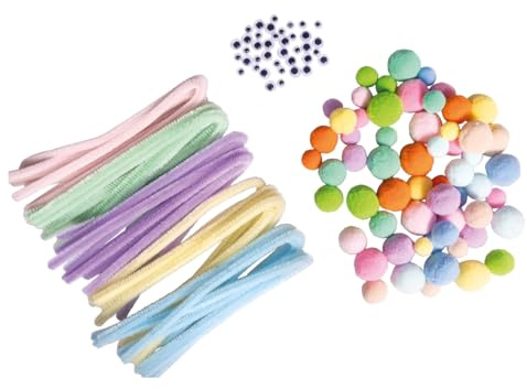 Rayher Pompons, Chenilledraht, Wackelaugen Mix, pastellfarben sortiert, Btl. 125 Stück, Plüschbälle, Pfeifenputzer und Wackelaugen, zum Basteln und Dekorieren, 87212685